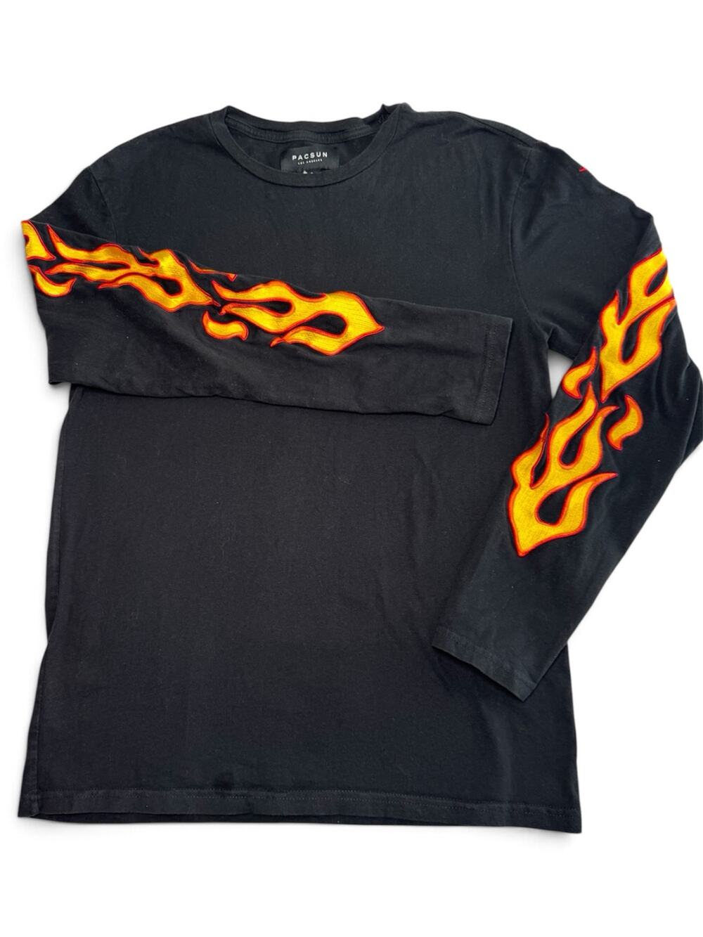 PacSun Black Flame Sleeve Long Sleeve T-Shirt | Men's S, Embroidered Skater Y2K